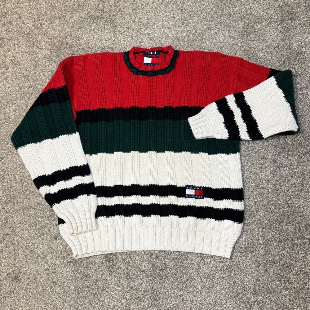 Vintage Tommy Hilfiger Colorblock Heavy Knit Cotton Sweater Mens XL Red Green
